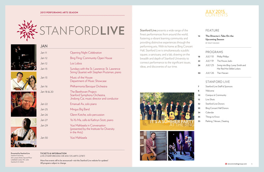 Upcoming events calendar and table of contents pages in a Stanford Live Magazine